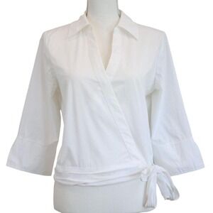WHBM White Wrap Surplice Top Size 6 –‎ Tie Waist, 3/4 Sleeves
